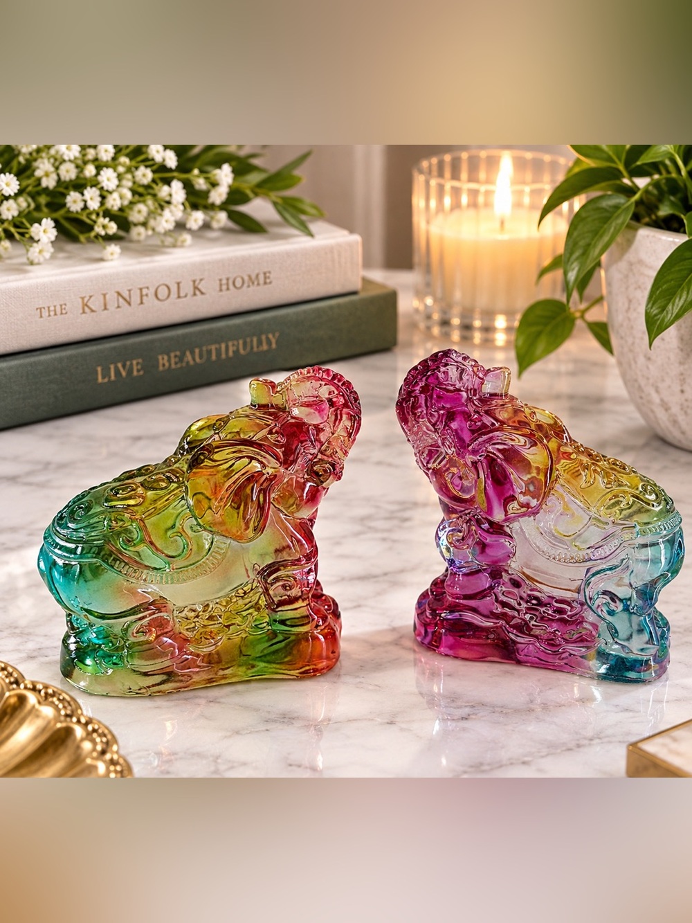 Colorful Elephant Paperweight Pair | Good Luck & Good Fortune 🐘✨